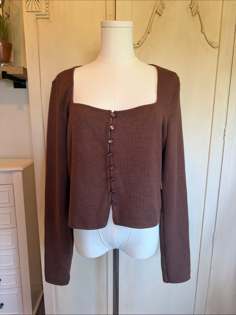 Anthropologie Pilcro Brown Ribbed Square-Neck Button-Front Cardigan